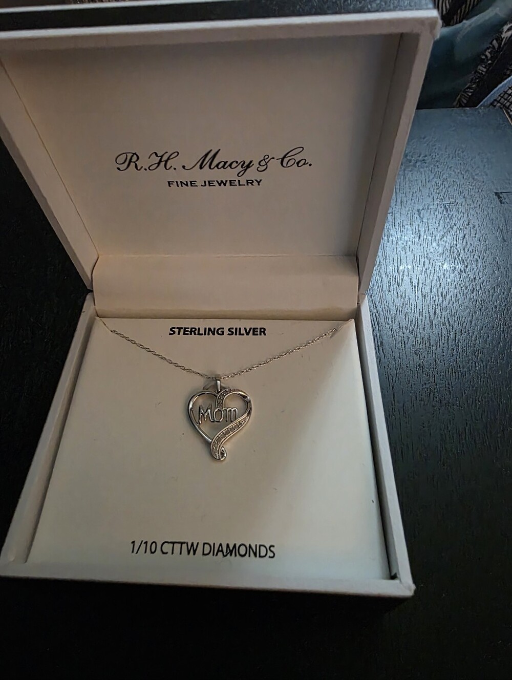 Macy's Sterling Silver Mom Heart Pendant 1/10 CTTW Diamonds